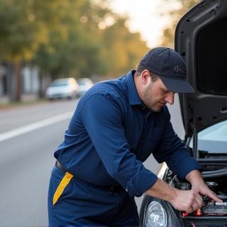 Technicien changeant une batterie sur le bord de la route